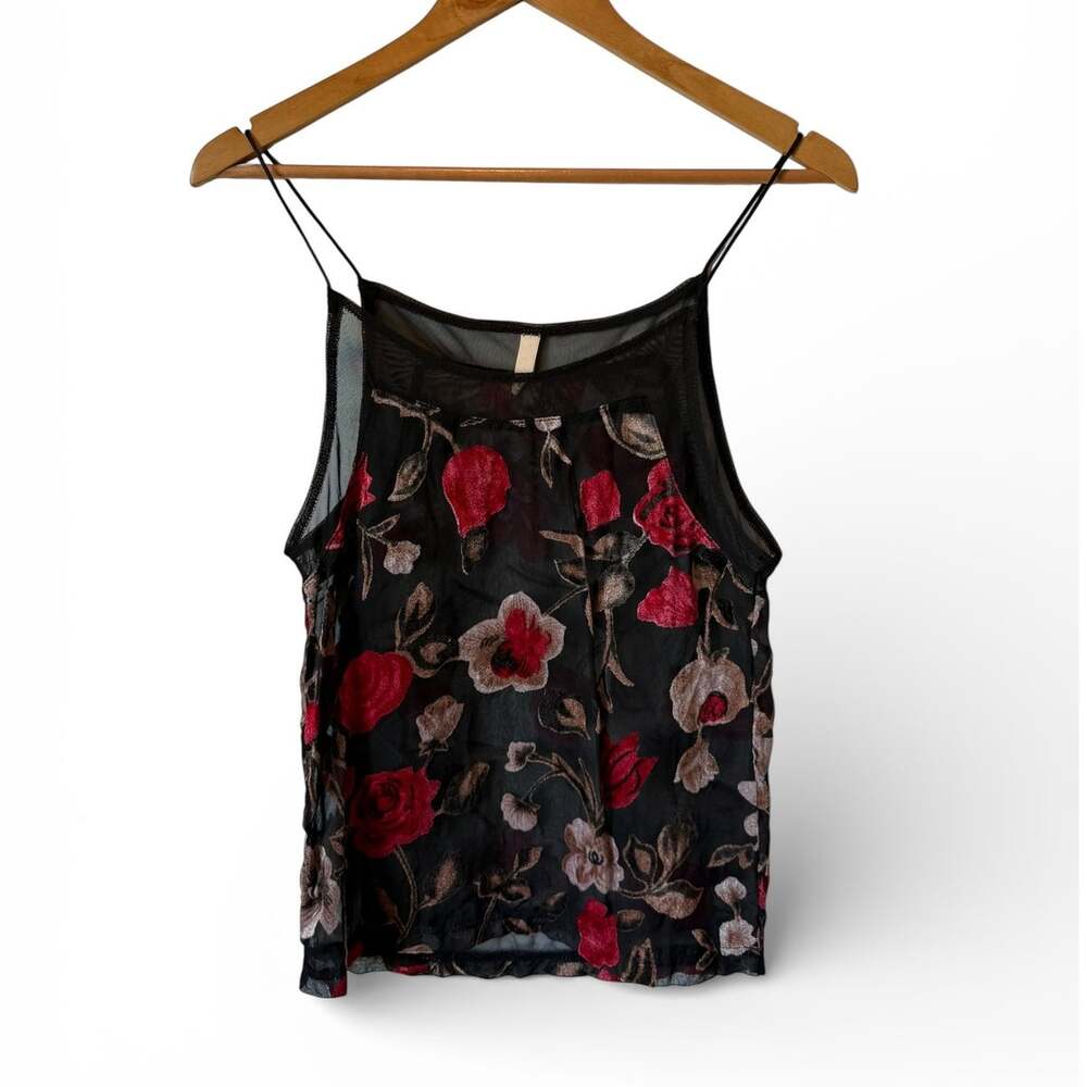 Anthropologie Velvet Floral Mesh Top Black Camisole Sheer Top Women's Size XS